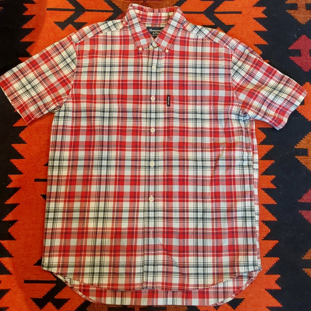 ABERCROMBIE AND FITCH Men's Red, White, Blue Plaid Short Sleeve Shirt. Medium